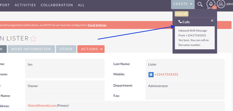 SuiteCRM SMS Integration inbound alert