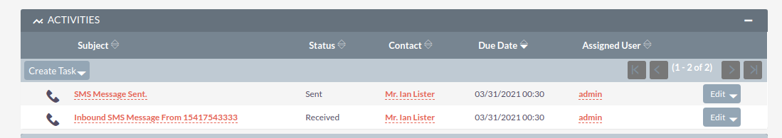 SuiteCRM SMS Integration history log