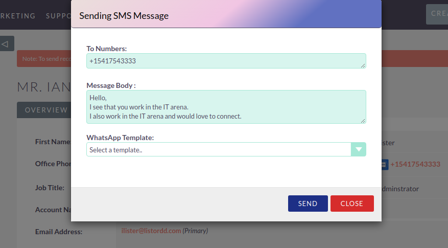 SuiteCRM SMS Integration sending message
