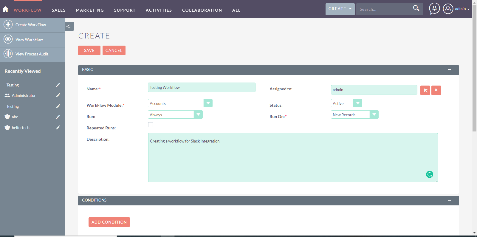 SuiteCRM Slack Integration create workflow