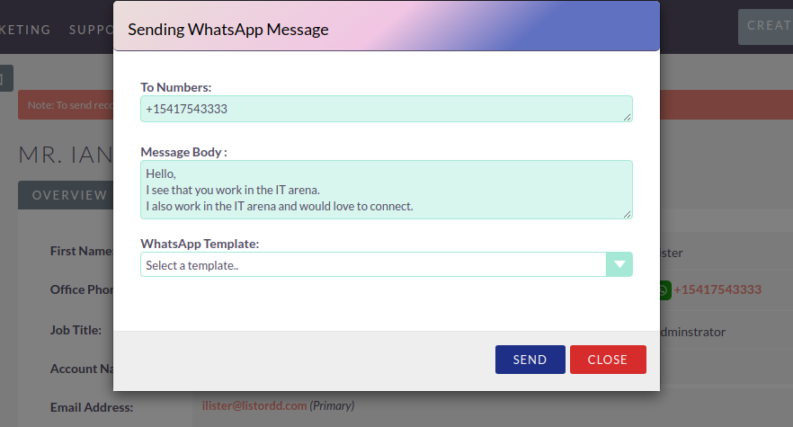 SuiteCRM Twilio WhatsApp Integration message send