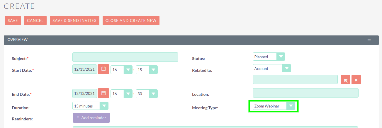 SuiteCRM Zoom Webinar Integration create a meeting