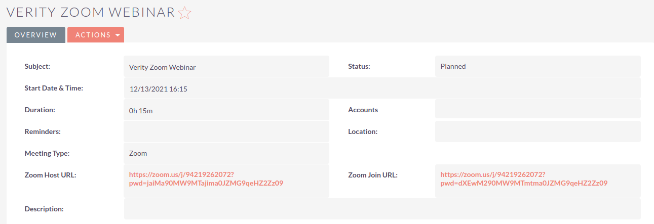 SuiteCRM Zoom Webinar Integration detail view