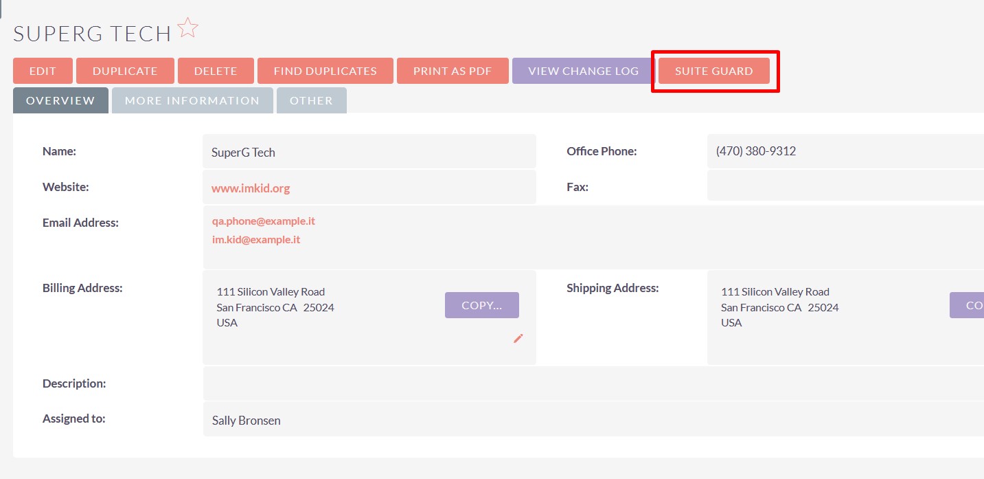 SuiteGuard integration for SuiteCRM button