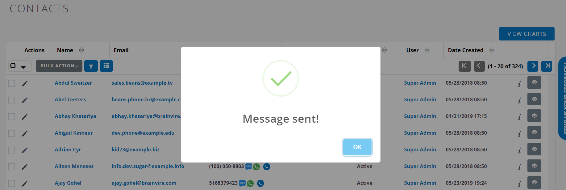 Success message in Twilio WhatsApp Extension for SuiteCRM