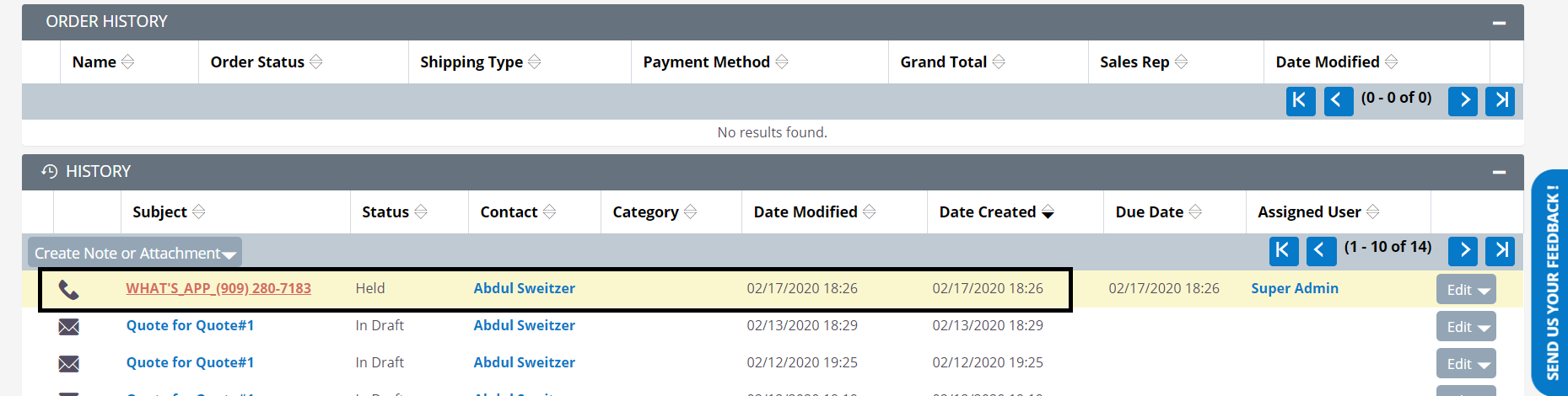 History log for Twilio WhatsApp Extension for SuiteCRM