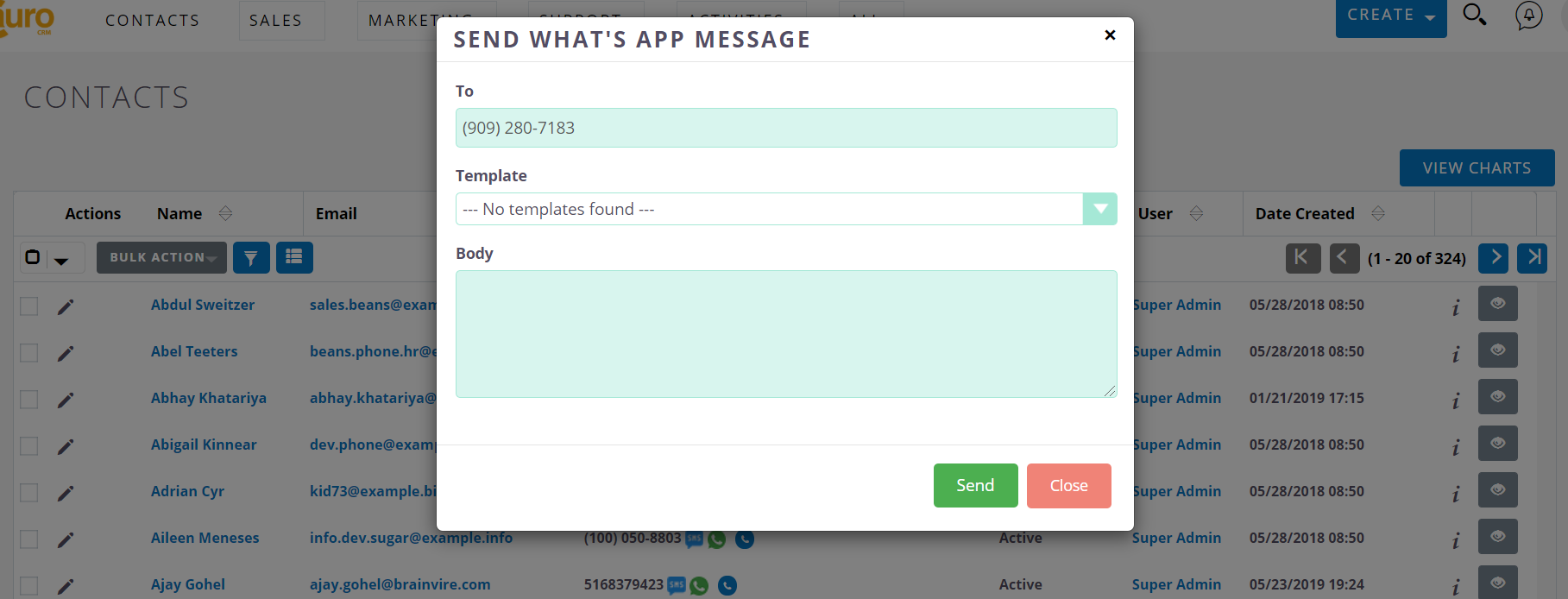 Popup in Twilio WhatsApp Extension for SuiteCRM