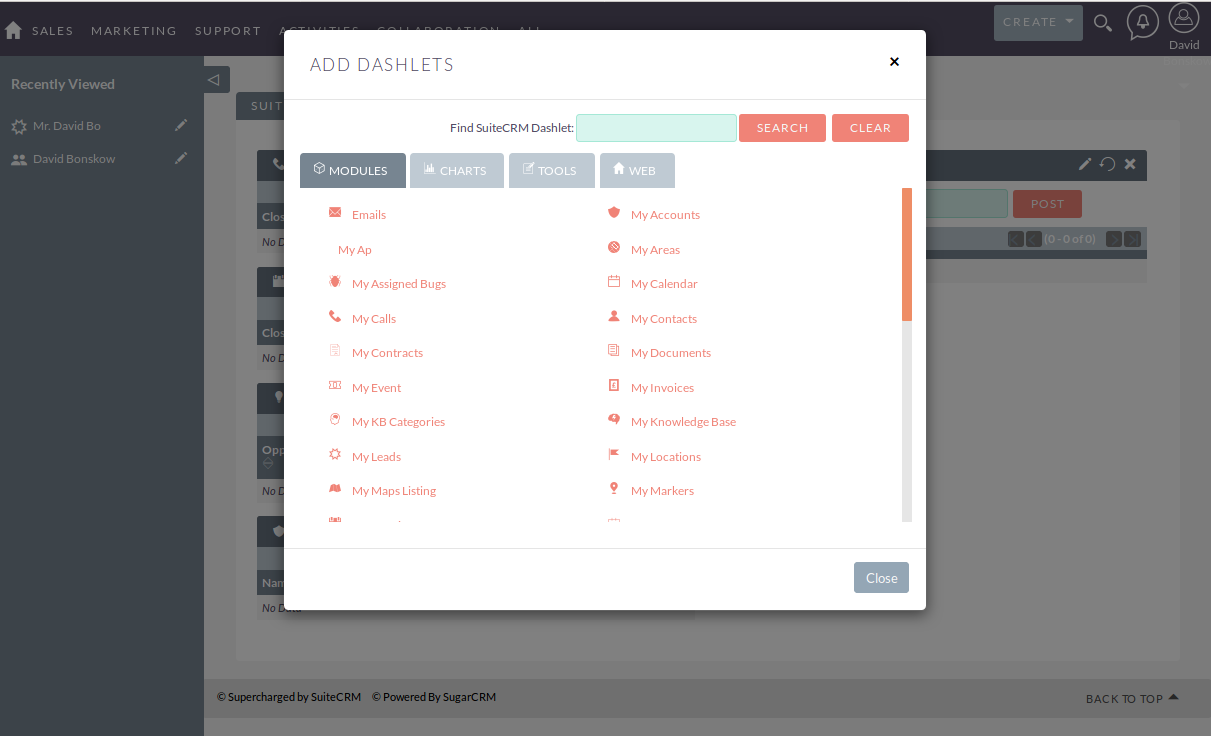 Filters Available SuiteCRM Dashlet List