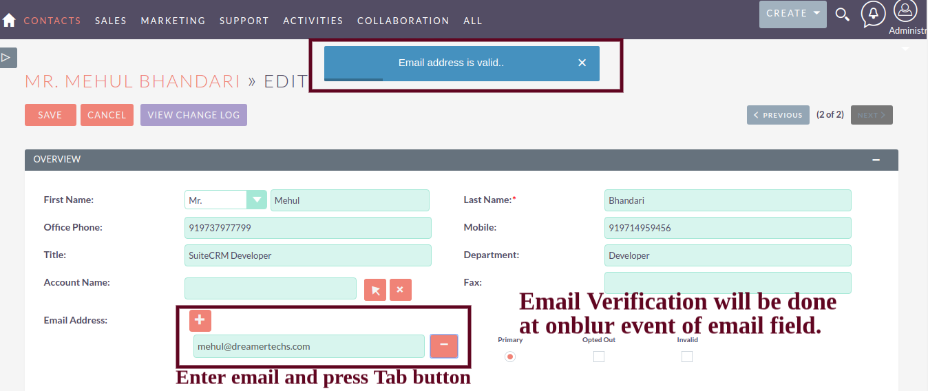 Verify Email Address in SuiteCRM