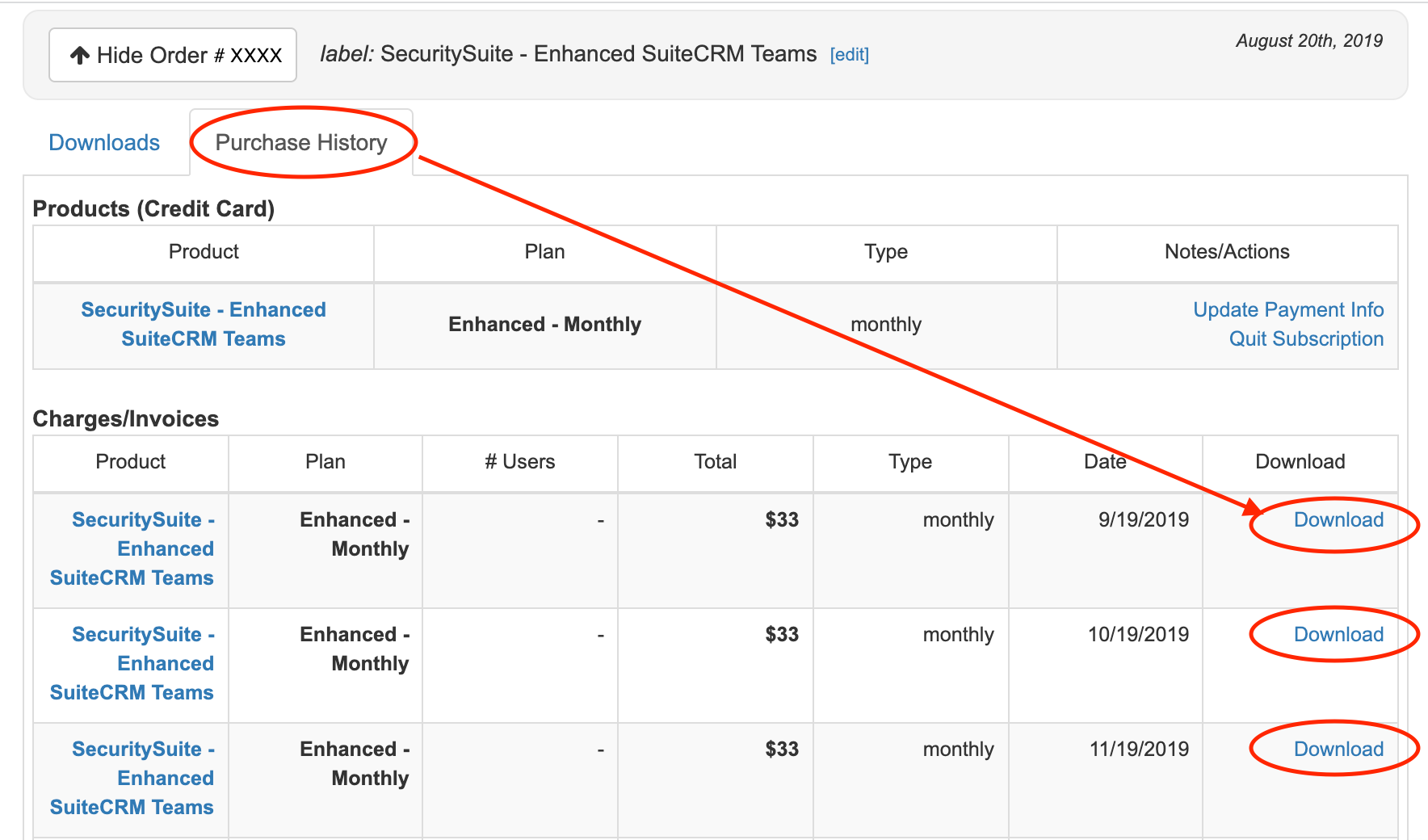 How SuiteCRM Store customers can download invoices