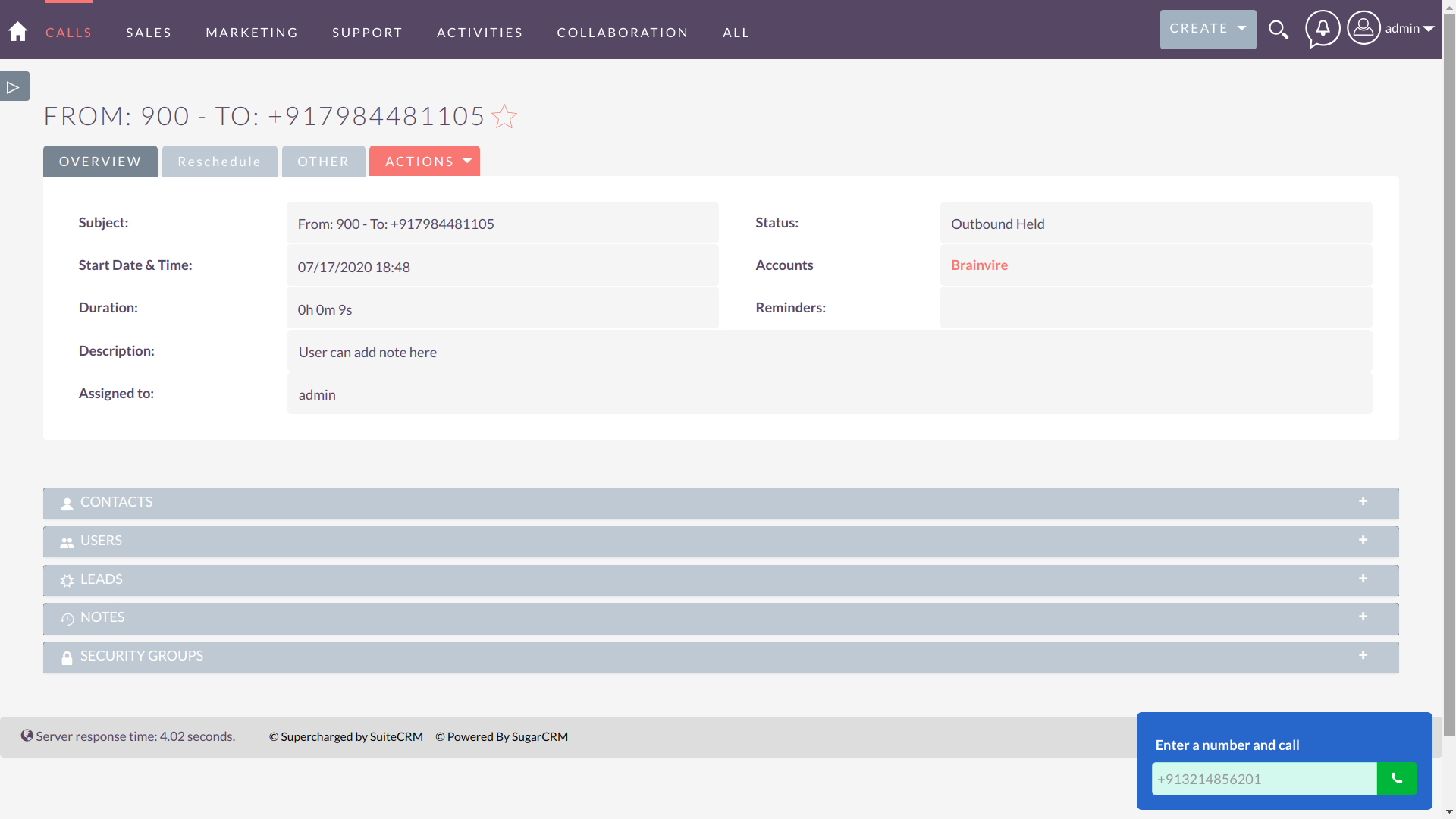 Jive Click to Call integration for SuiteCRM logged call Detail View