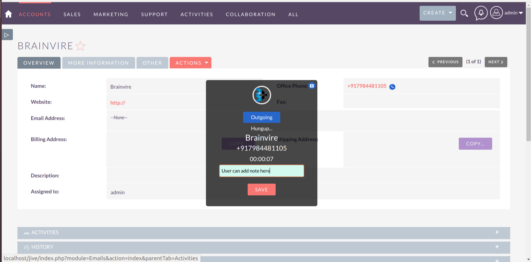 Jive Click to Call integration for SuiteCRM add call note