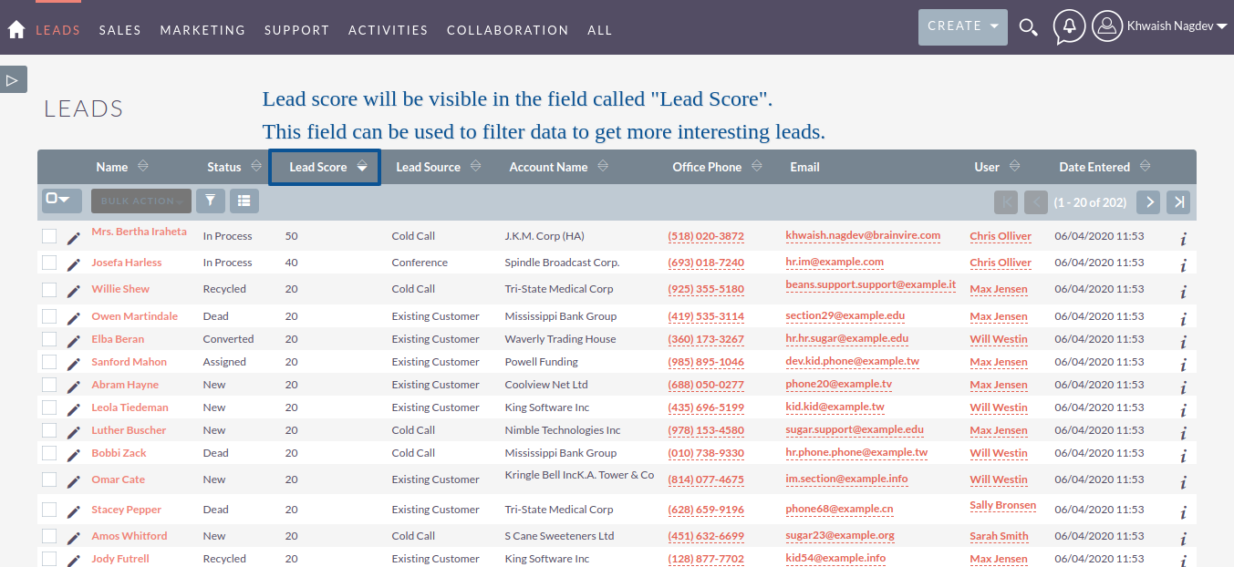 Lead Scoring add-on for SuiteCRM List View