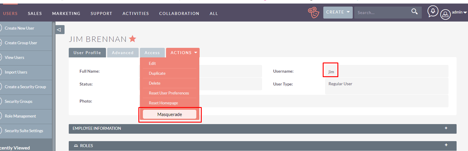 Masquerade Switch User add-on for SuiteCRM user profile