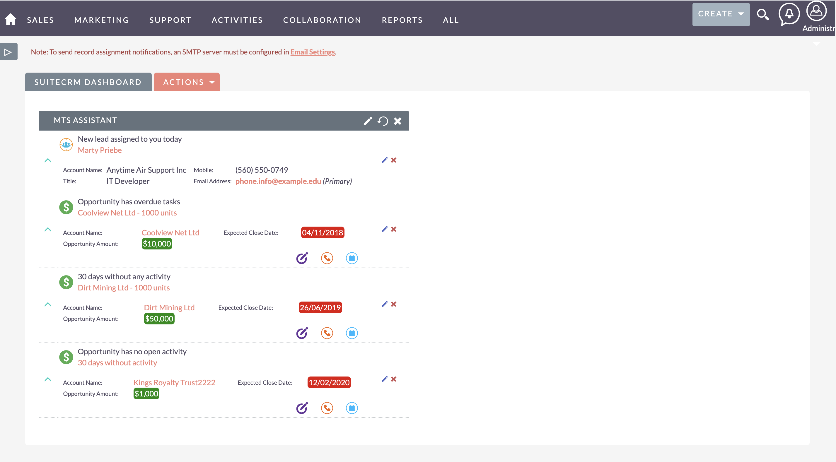 MTS Assistant for SuiteCRM dashboard