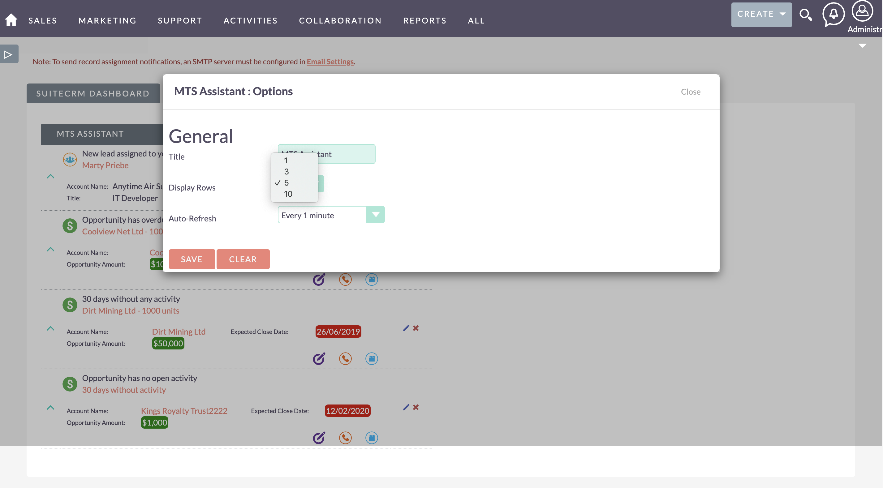 MTS Assistant for SuiteCRM display options