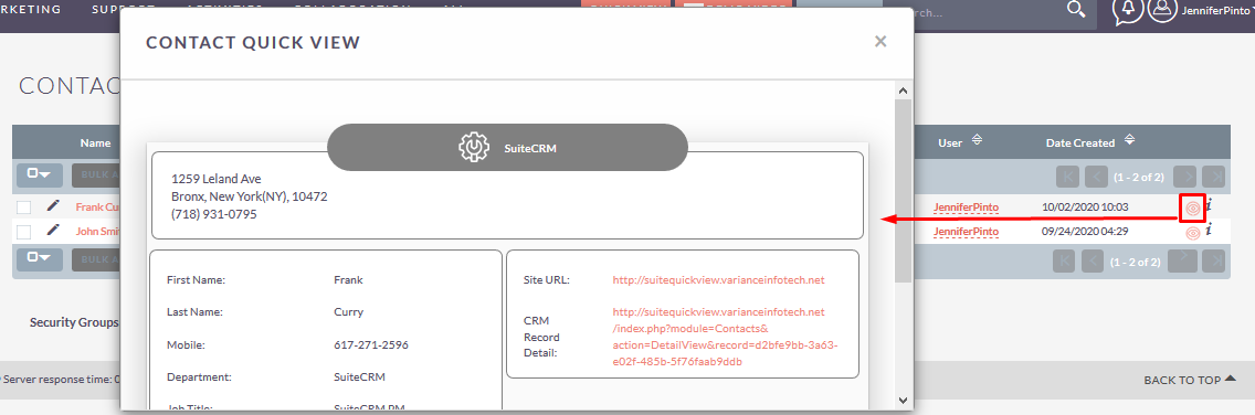 Quick View add-on for SuiteCRM Contacts Module