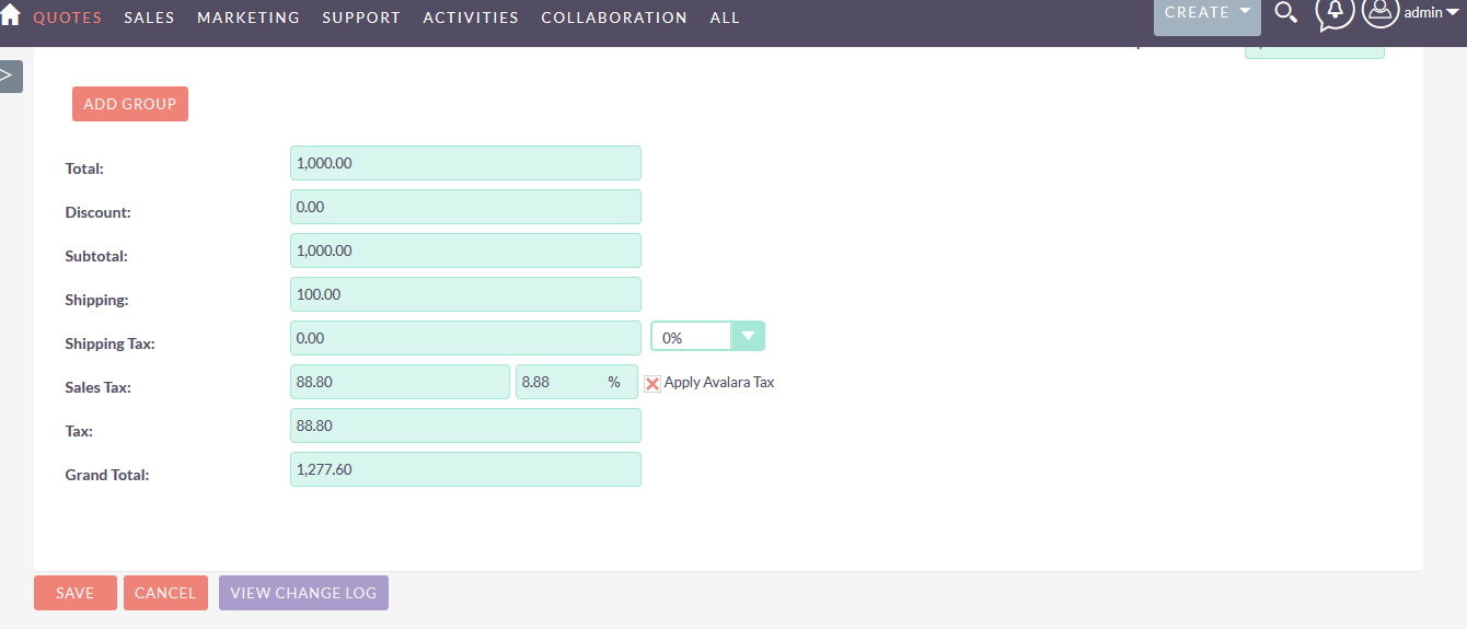 Apply Quotation Avalara Tax add-on for SuiteCRM