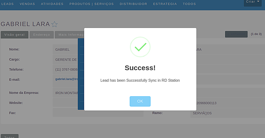 Success prompt to sync contacts in the RD Station Integration for SuiteCRM