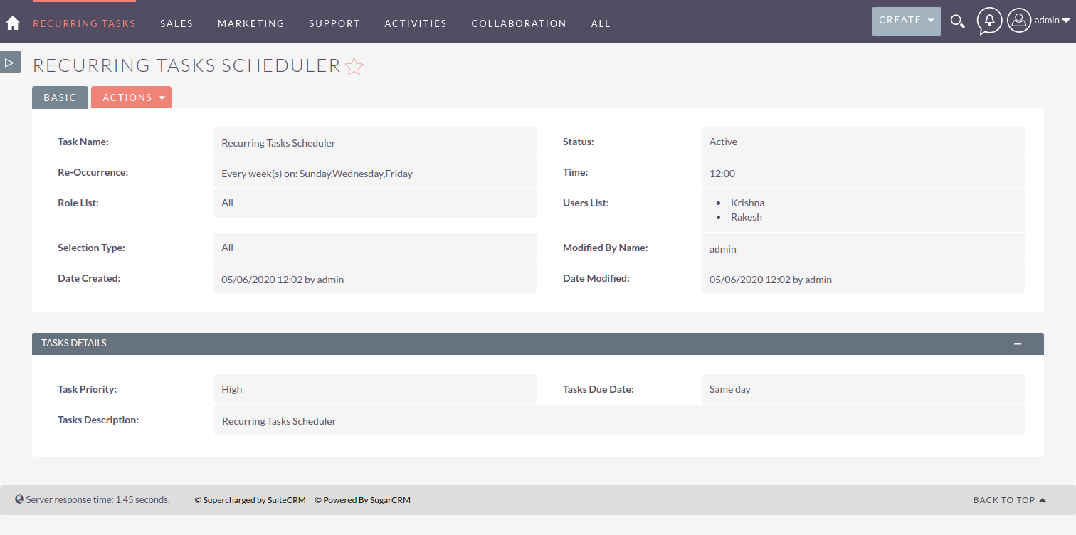 Recurring Tasks Extension for SuiteCRM display details