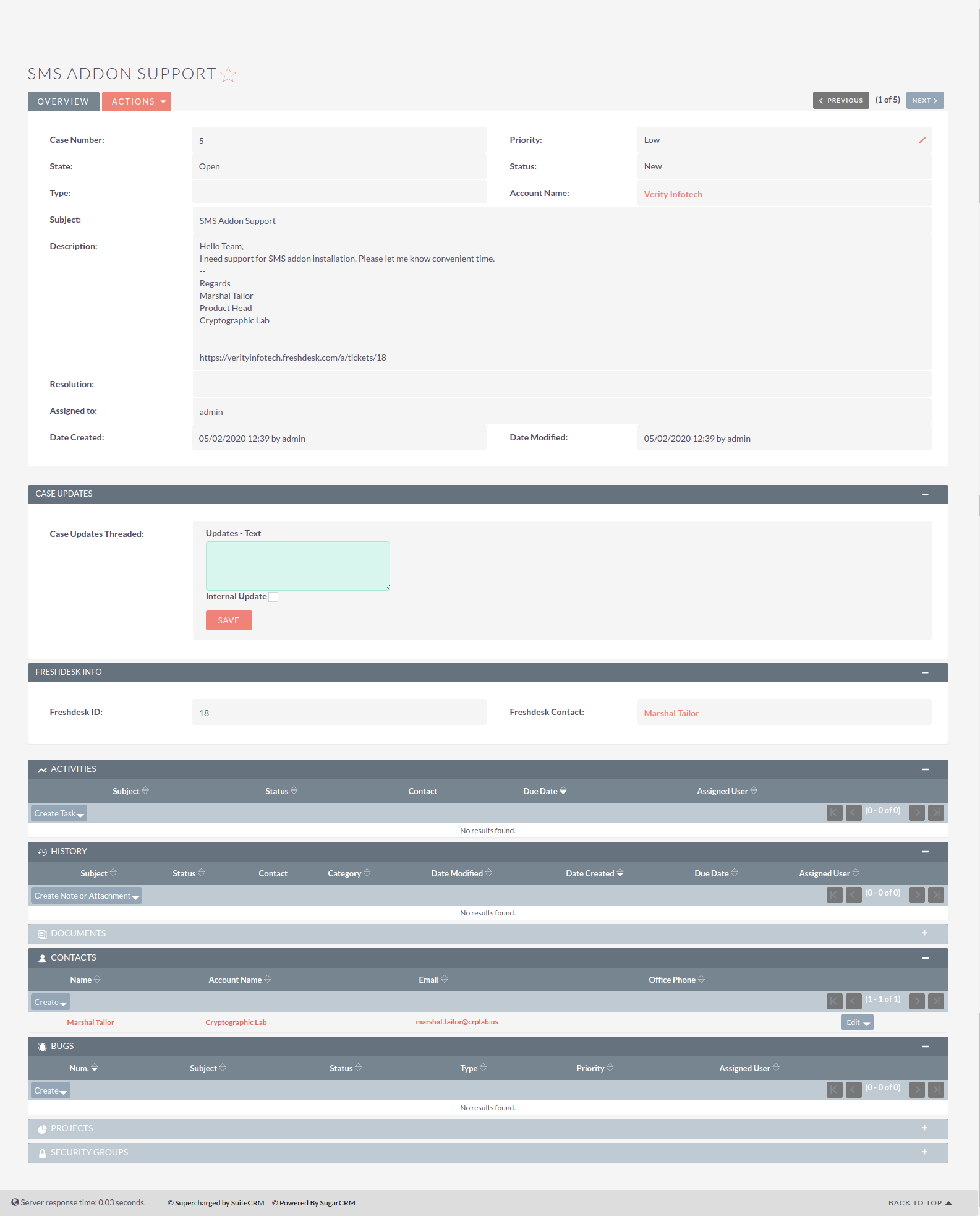 SuiteCRM Freshdesk Integration tickets