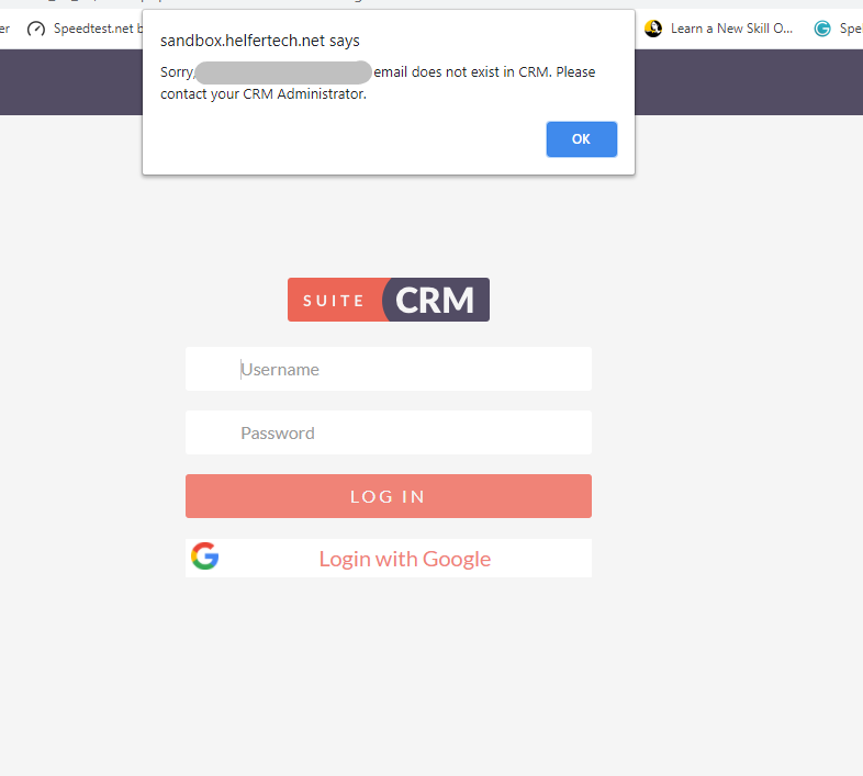 SuiteCRM Google Login add-on alert