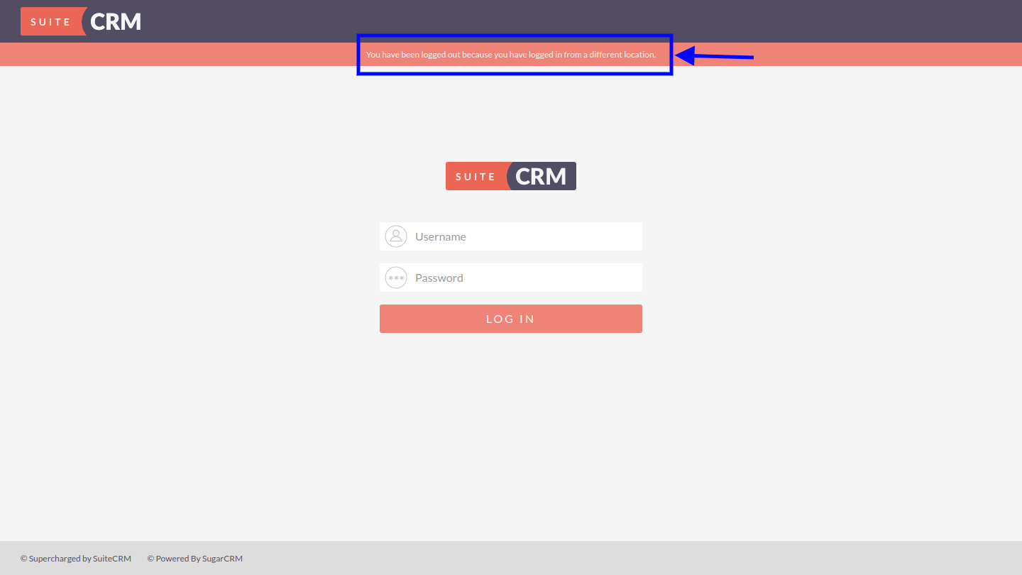 SuiteCRM Simultaneous Logins warning screen