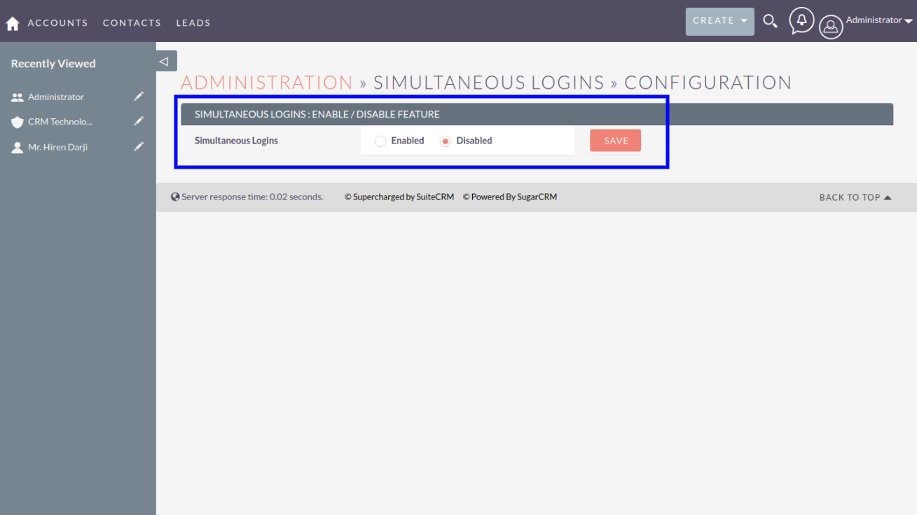 SuiteCRM Simultaneous Logins easy configuration