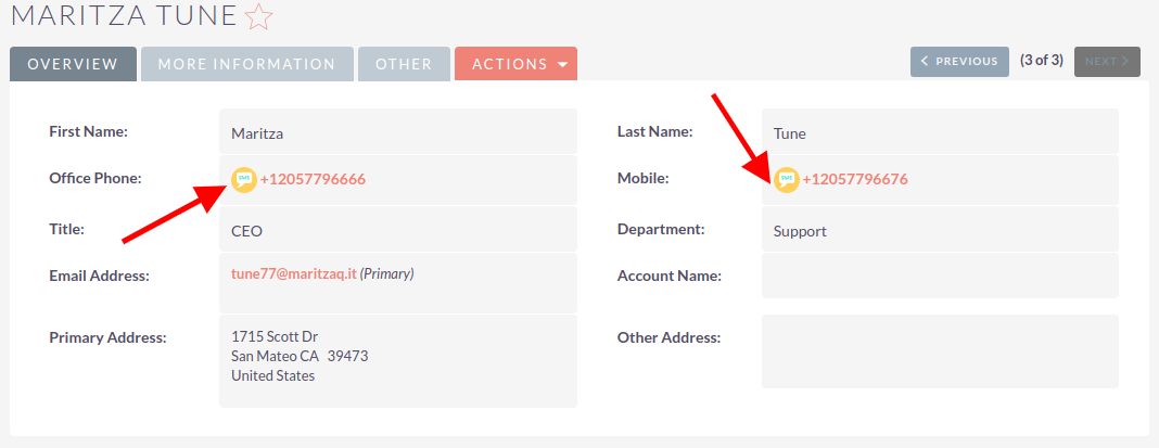 SuiteCRM SMS Integration Detail View