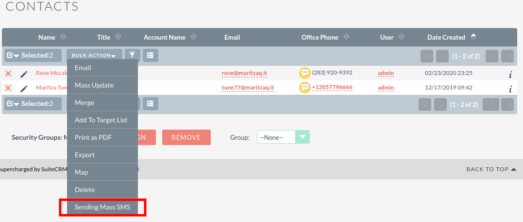 SuiteCRM SMS Integration mass SMS send