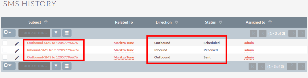 SuiteCRM SMS Integration History List View