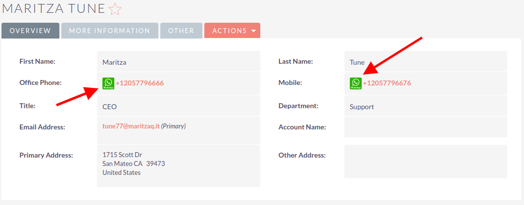 Detail View of SuiteCRM WhatsApp Integration