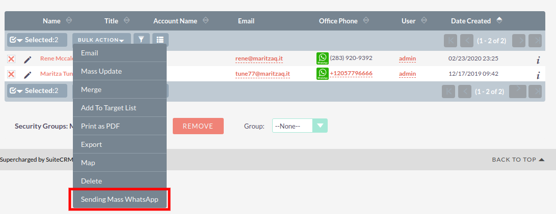 Sending mass messages in the SuiteCRM WhatsApp Integration