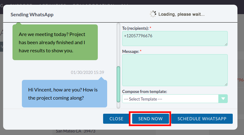 Sending single message in the SuiteCRM WhatsApp Integration