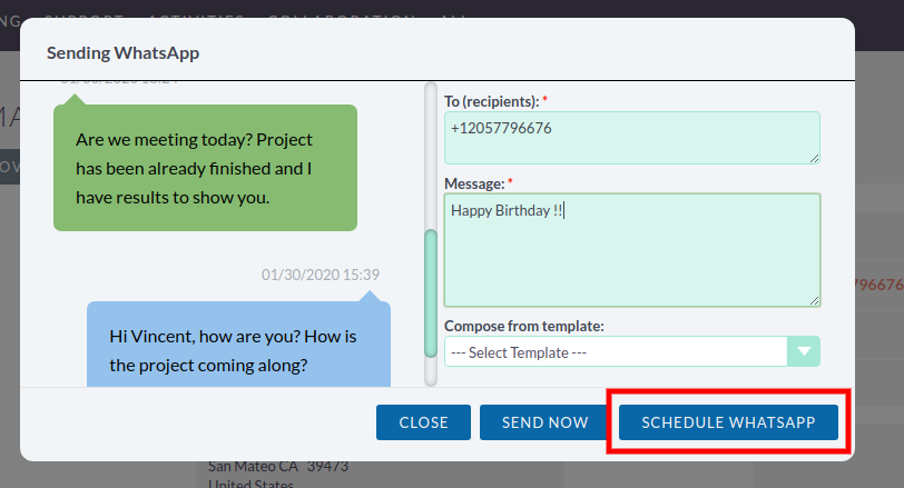 Scheduling messages in the SuiteCRM WhatsApp Integration