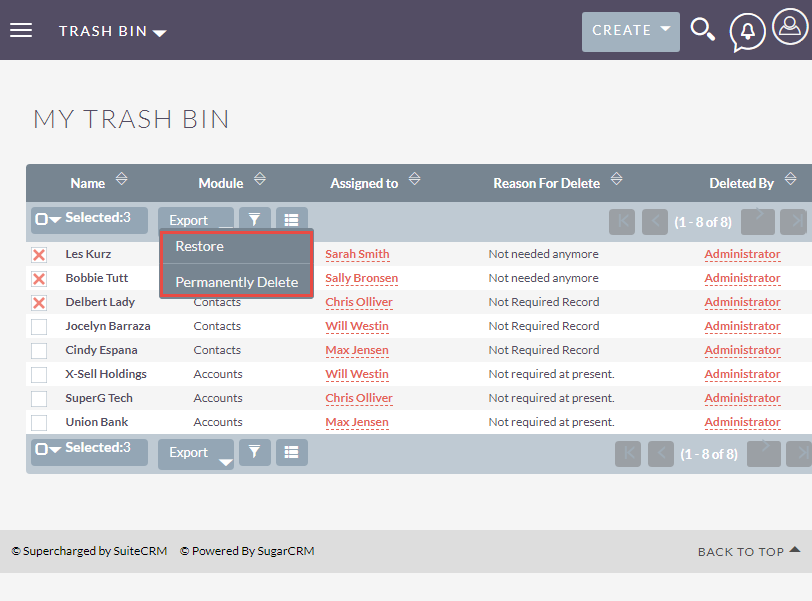 Restore or Permanently Delete records from Trash Bin