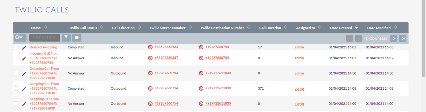 Twilio Call Integration for SuiteCRM call logs