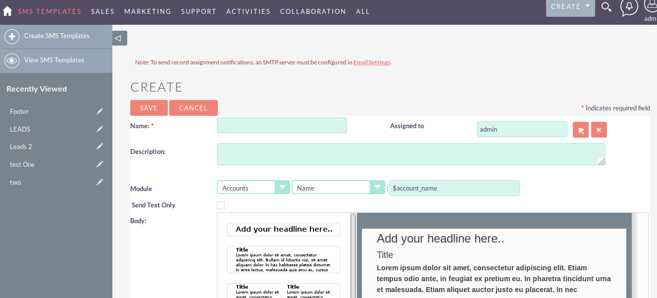 SMS Templates in SuiteCRM