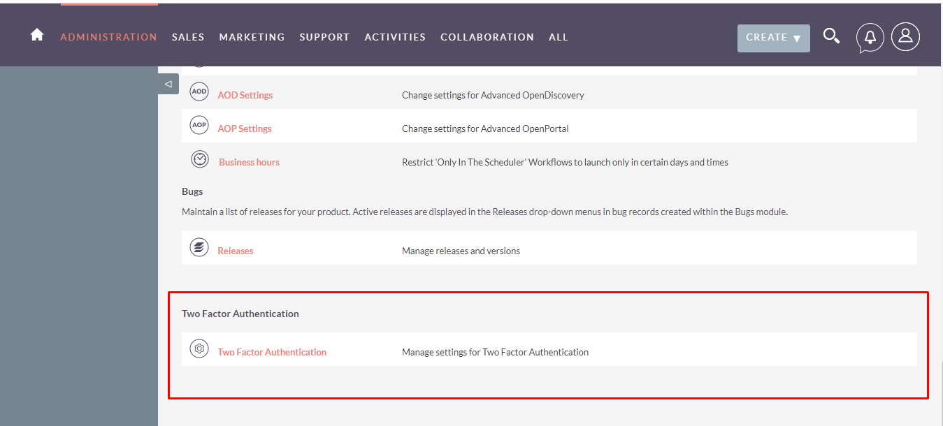 Two-Factor Authentication add-on for SuiteCRM admin settings