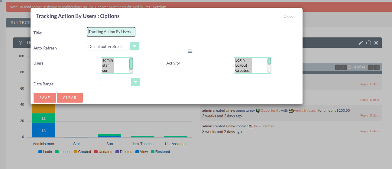 Activity Tracker add-on for SuiteCRM dashlet with filter