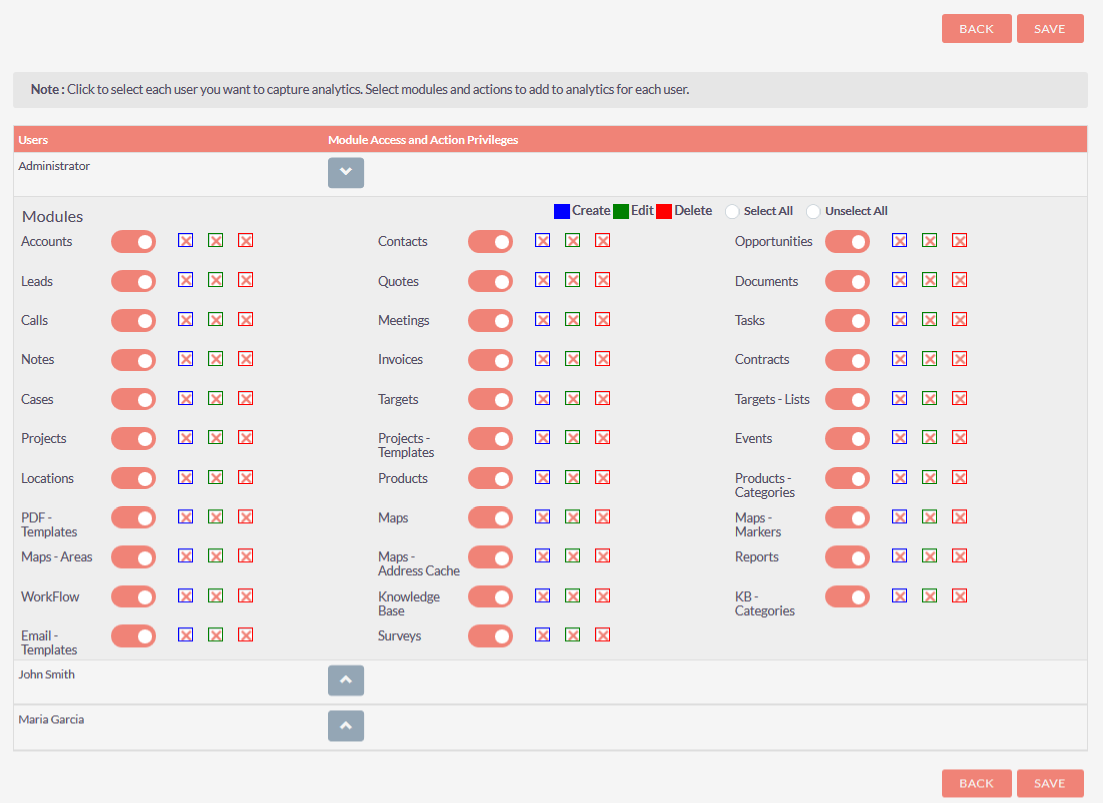 User Analytics add-on for SuiteCRM module access panel