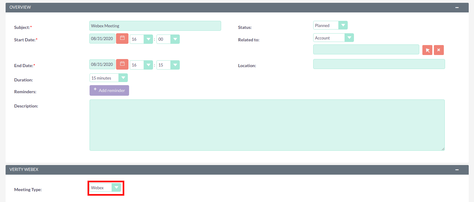 Webex Integration for SuiteCRM create a meeting