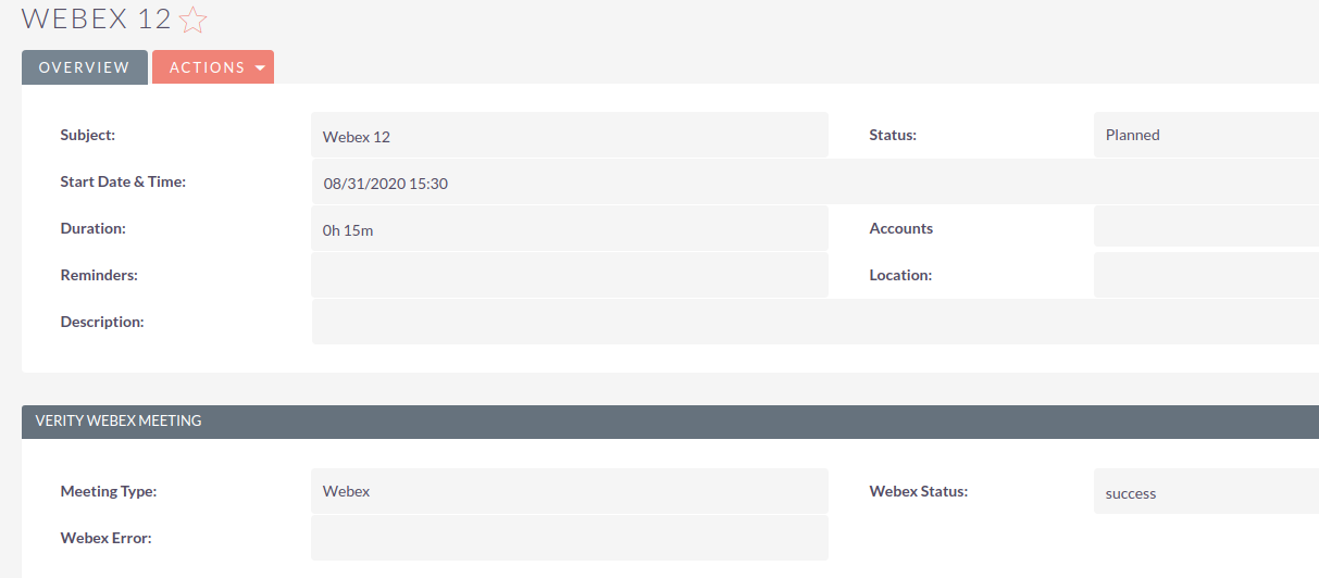 Webex Integration for SuiteCRM planned meeting