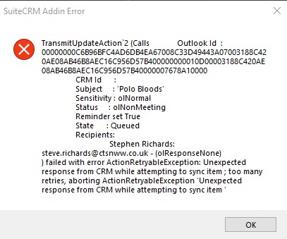 SuiteCRM Addin Error.jpg